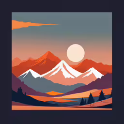 a photo of a mountain range in sunset,a painting shows a sunset in the mountains