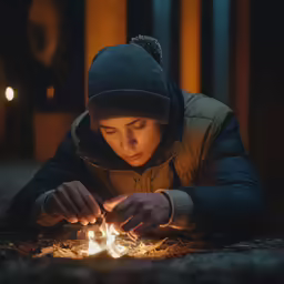 a person lighting a candle in the dark