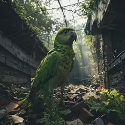 a large green parrot standing on top of a pile of trash