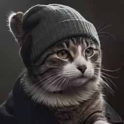 a cat with a sweater and beanie on, looks alert