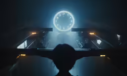 a woman staring at a clock face with glowing lights