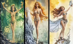 four different pictures with a woman with long hair in bikinis