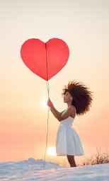 the girl is holding a red balloon in her hands