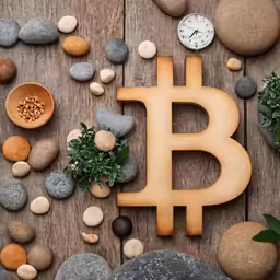 a bit sign made out of wood surrounded by rocks and other small objects