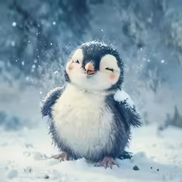 a small penguin with his eyes closed with his wings open