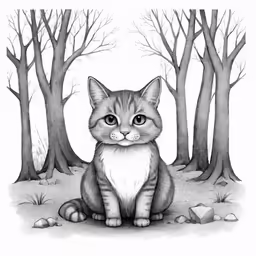 a cat sitting in the snow between two trees