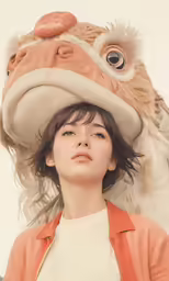 a woman standing next to a stuffed animal wearing a jacket