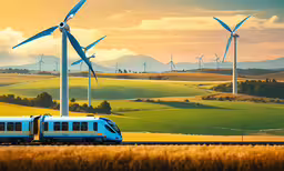 a train passing by wind farm with wind turbines,two train cars on tracks passing a windmill filled field