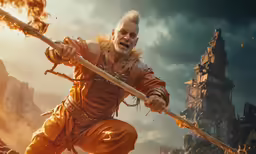 a man with long white hair holding two spears and standing in front of a fire pit