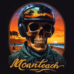 the skull is wearing a motorcycle helmet with the sunset in the background,a skull wearing a motorcycle helmet and an advertisement
