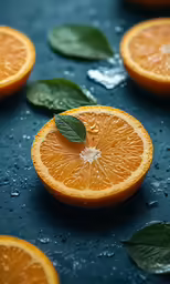 the fresh oranges are covered in leaves on the table