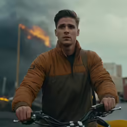 a man in a brown jacket rides a bicycle near a factory