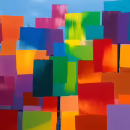 colorful, abstract art piece, with blue sky