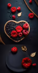 a black plate and some red food on it