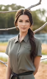 a female in a green dress stands in front of a bare tree