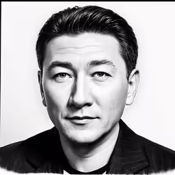 a man is standing in front of a white background