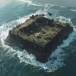there is an old military island surrounded by waves