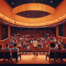 an auditorium full of people watching an audience,a large room full of people sitting around