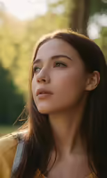 a woman that is standing with her chin on a tree