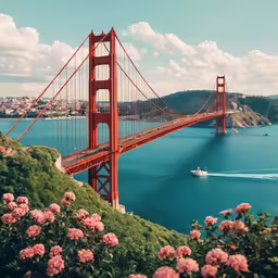 a view of the golden gate bridge from atop a hill