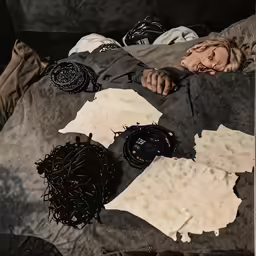 a man laying in bed next to other items