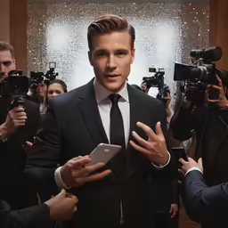 a man in a suit talking with cameras around him