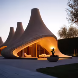 a futuristic home sits near the water