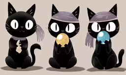 three different black cats, one wearing a bandana and one eating an ice cream