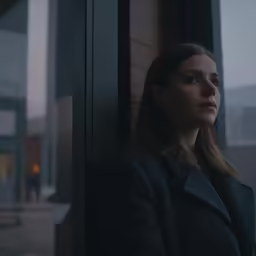 the young woman is staring outside at something