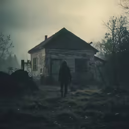 an old abandoned house in the woods with a man standing outside