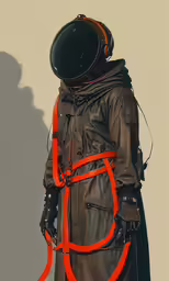 an individual wearing a leather coat and jacket with orange trimming