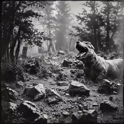 an old dog laying on the ground in the woods