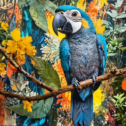 blue parrot sitting on branch with flowers in background