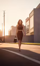 a young woman walking down the street carrying a handbag