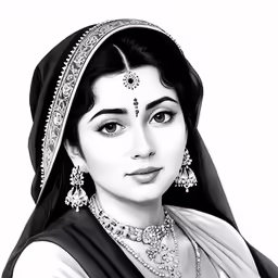 a black and white photo of a woman in a sari