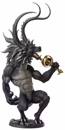 a statue of a demon with long horns and a trumpet