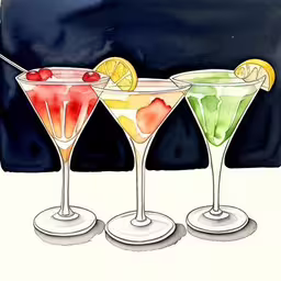 a bunch of glasses with different kinds of drinks,three martinis with different colored drinks in a row,three martini glasses in different shades of different colors,three colorful drinks are lined up in glasses,three martini glasses filled with different flavored drinks