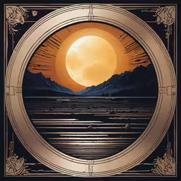 an orange and blue image of the sun over mountains,an artistic painting of a landscape in gold, blue, and orange