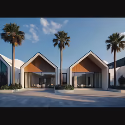 palm trees are standing outside of a white building