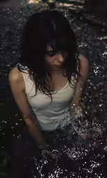 a woman sitting in water that is spraying her hair