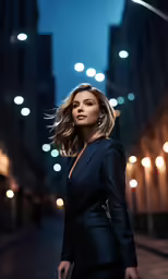 a woman in black is standing outside at night