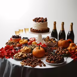 a table covered in plates and bottles and food