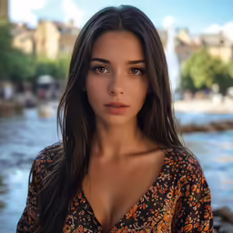 a girl standing by a river wearing a blouse