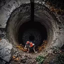 two people work inside a black pipe with leaves around it