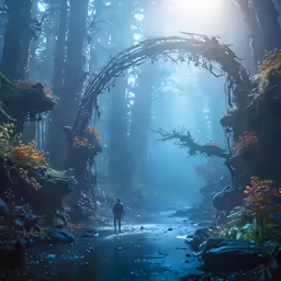 the man is walking toward a mysterious archway