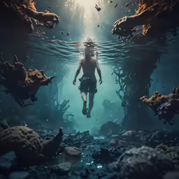 a man scubas under the water surrounded by animals