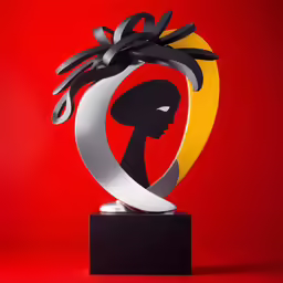 a silver sculpture is sitting on top of a table