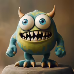 the cartoon monster is smiling and with his teeth missing