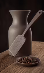 this photo shows a piece of pottery beside a plate with coffee beans