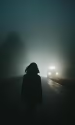 a person walking down the road in front of a vehicle